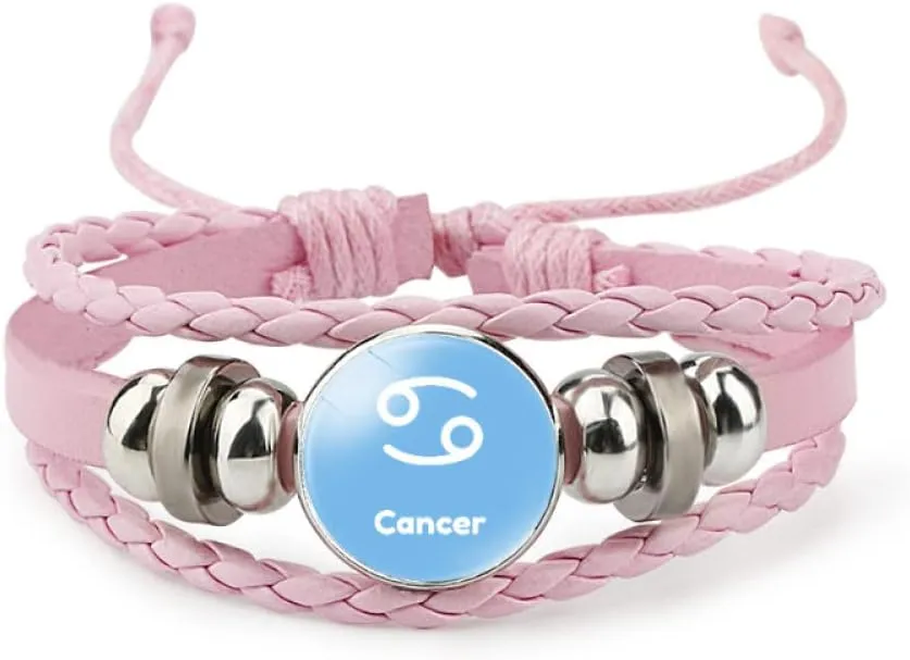 Fashion 12 Zodiac Sign Glow In The Dark Bracelet Adjustable Bangle For Women Men Glass Constellations Charm Pink Leather Rope Chains Fashion Jewelry
