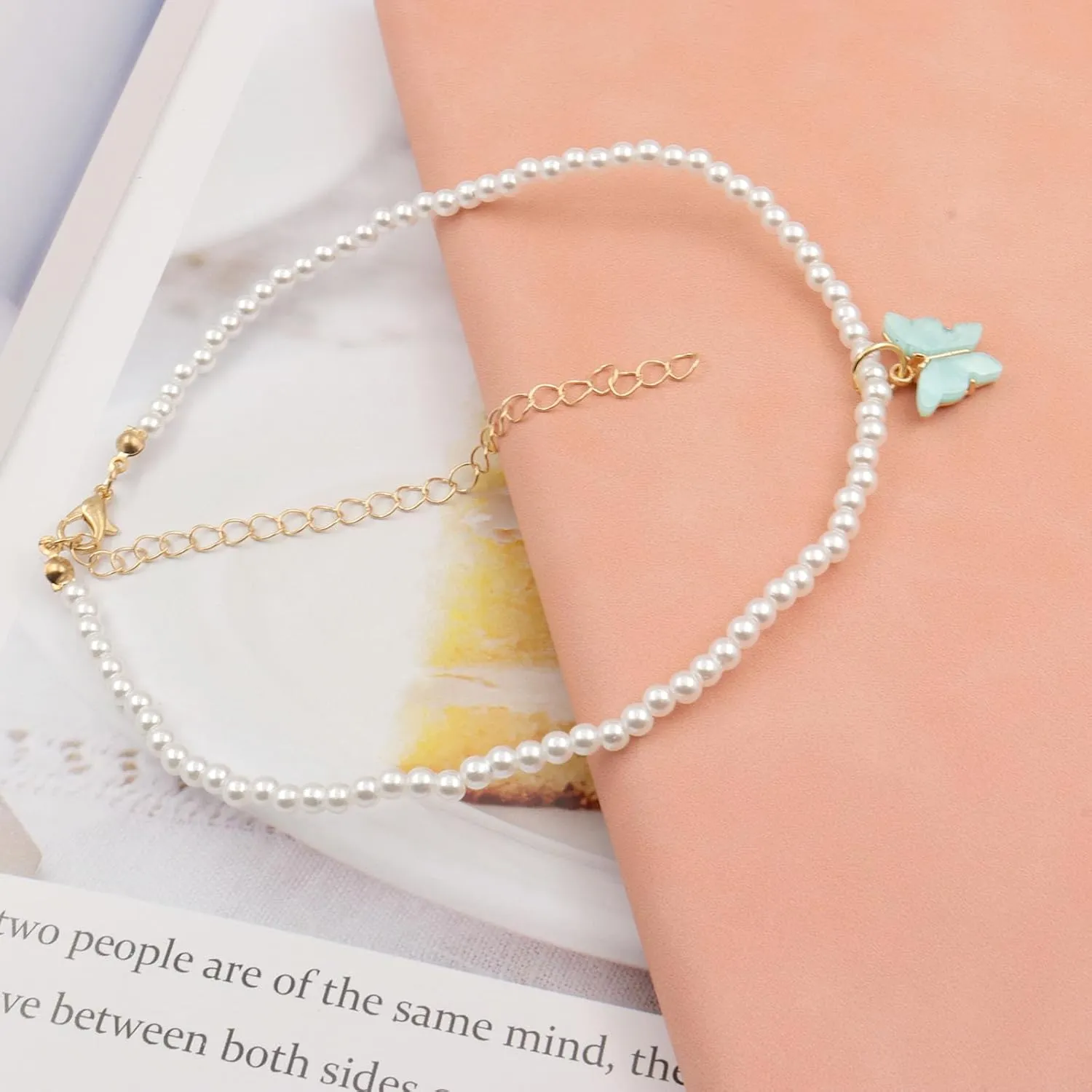 Fashion Colorful Butterfly Necklace for Women,Simple Charm White Pearl Choker Necklace Jewelry Gifts