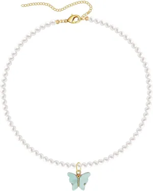 Fashion Colorful Butterfly Necklace for Women,Simple Charm White Pearl Choker Necklace Jewelry Gifts