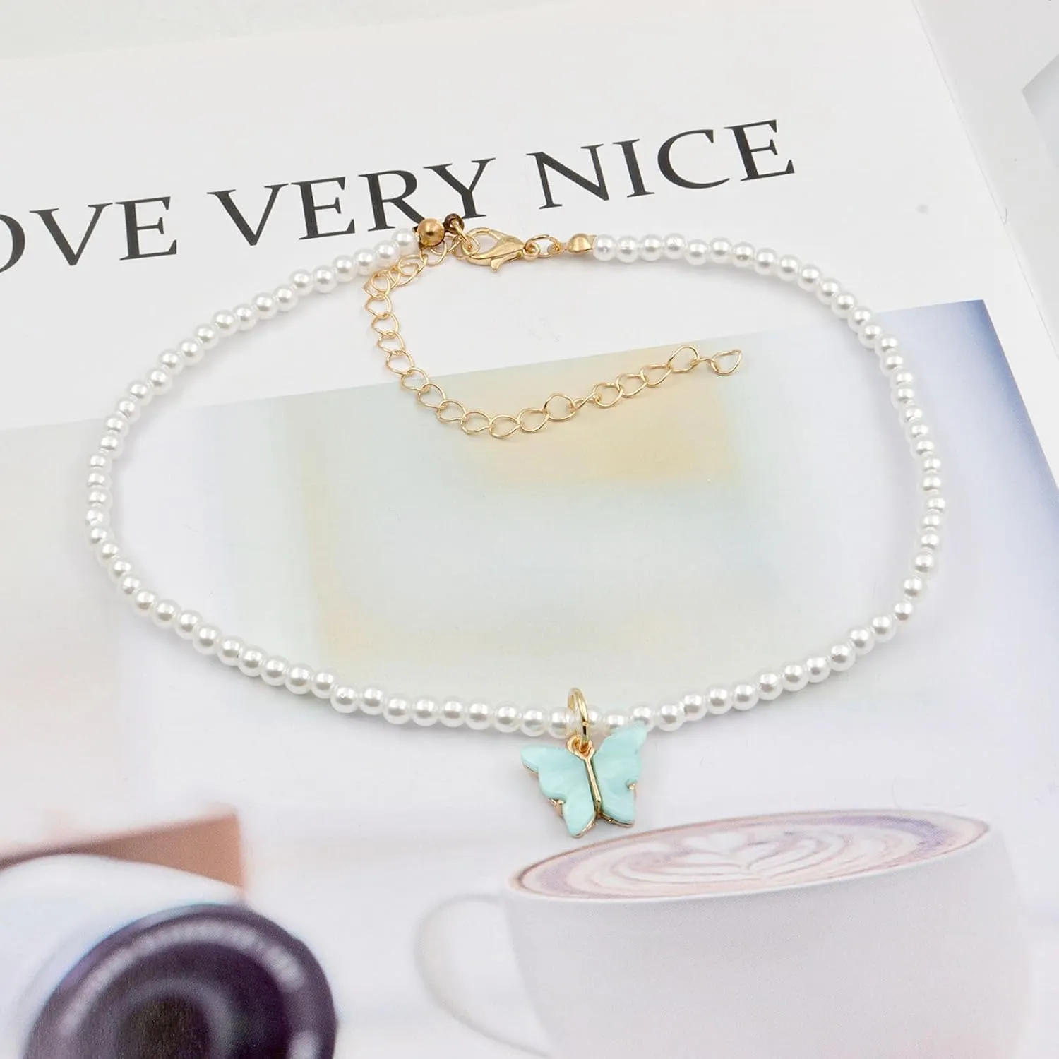 Fashion Colorful Butterfly Necklace for Women,Simple Charm White Pearl Choker Necklace Jewelry Gifts