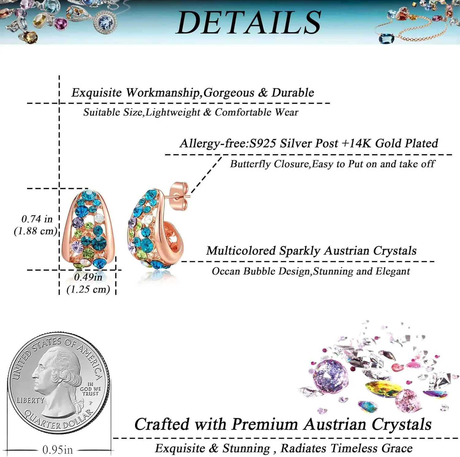 Fashion Multicolor Austrian Crystals 14K Gold Plated Chunky Stud Earrings for Women S925 Sterling Silver Post Hypoallergenic Jewelry Gifts