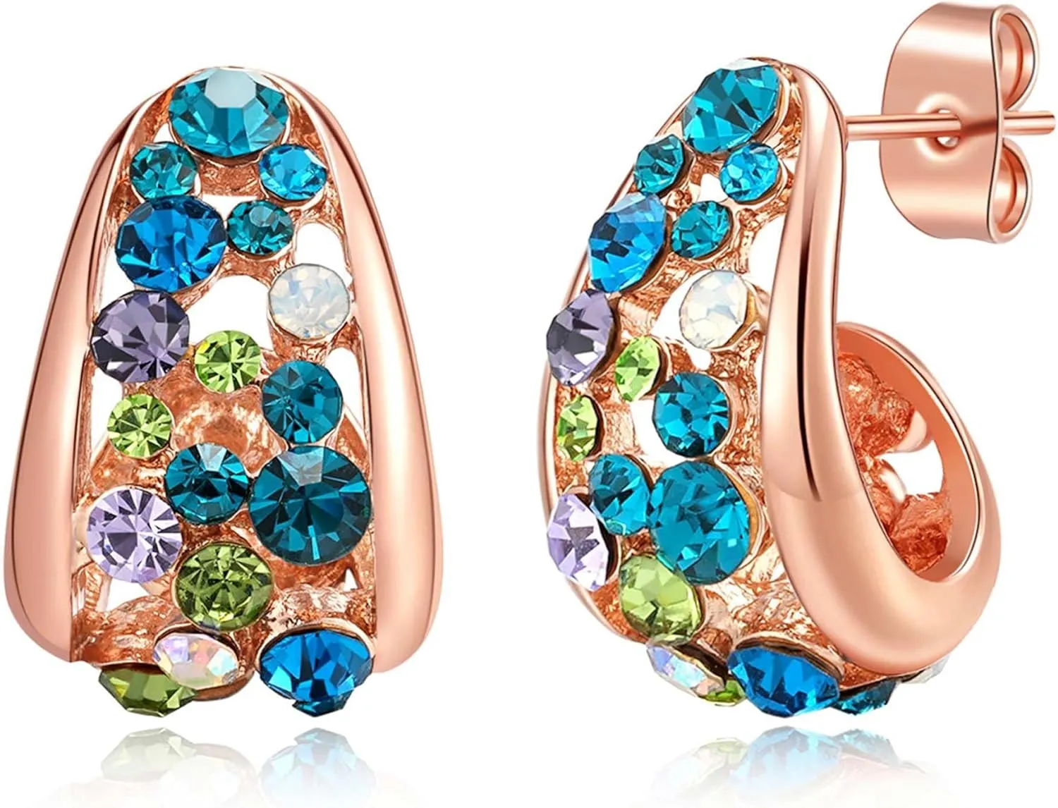 Fashion Multicolor Austrian Crystals 14K Gold Plated Chunky Stud Earrings for Women S925 Sterling Silver Post Hypoallergenic Jewelry Gifts