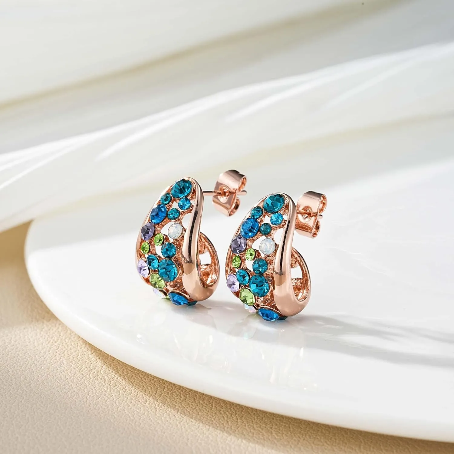 Fashion Multicolor Austrian Crystals 14K Gold Plated Chunky Stud Earrings for Women S925 Sterling Silver Post Hypoallergenic Jewelry Gifts
