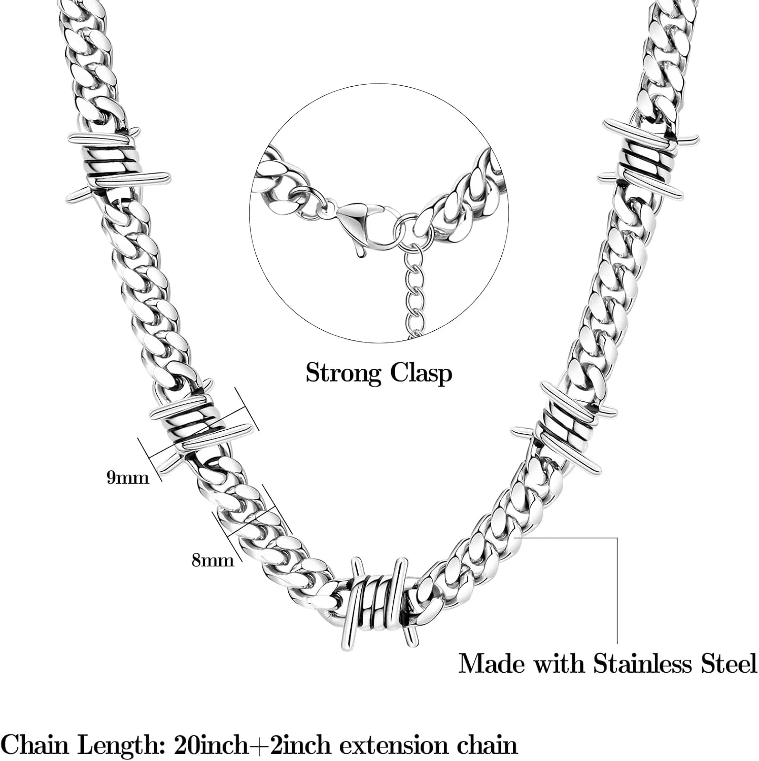 FEEL STYLE Barbed Wire Cuban Link Chain for Men Women Stainless Steel Thorns Choker Necklace Hip-hop Punk Gothic Jewelry 16-22inch