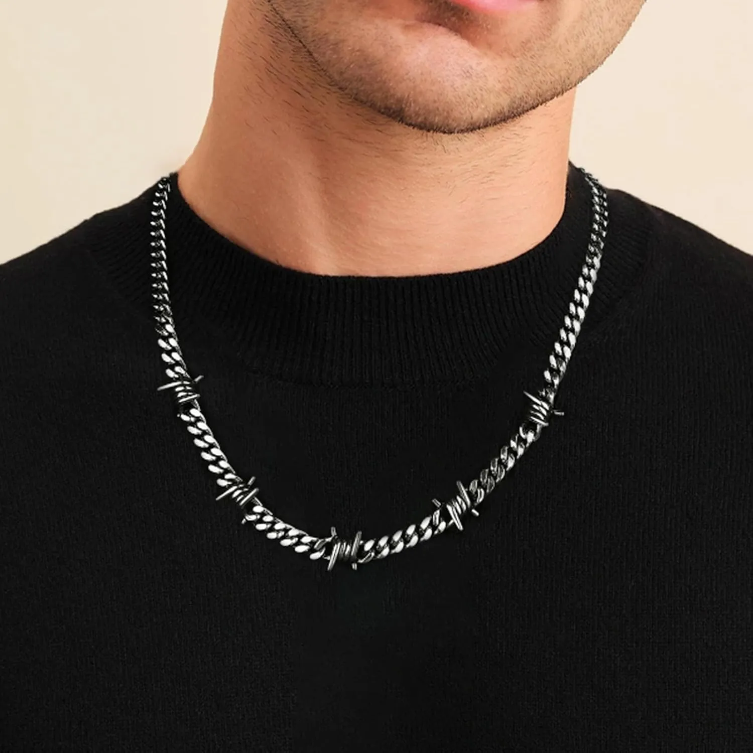 FEEL STYLE Barbed Wire Cuban Link Chain for Men Women Stainless Steel Thorns Choker Necklace Hip-hop Punk Gothic Jewelry 16-22inch