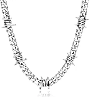FEEL STYLE Barbed Wire Cuban Link Chain for Men Women Stainless Steel Thorns Choker Necklace Hip-hop Punk Gothic Jewelry 16-22inch