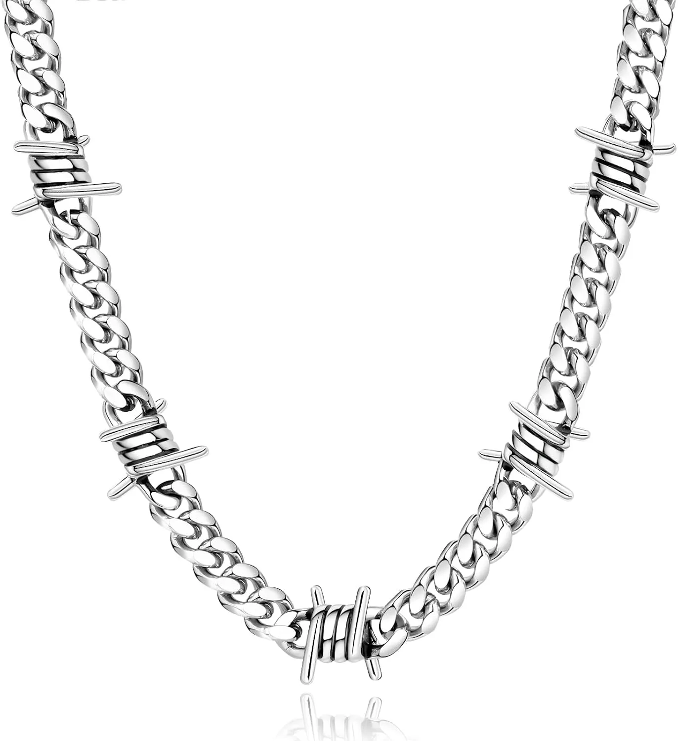 FEEL STYLE Barbed Wire Cuban Link Chain for Men Women Stainless Steel Thorns Choker Necklace Hip-hop Punk Gothic Jewelry 16-22inch