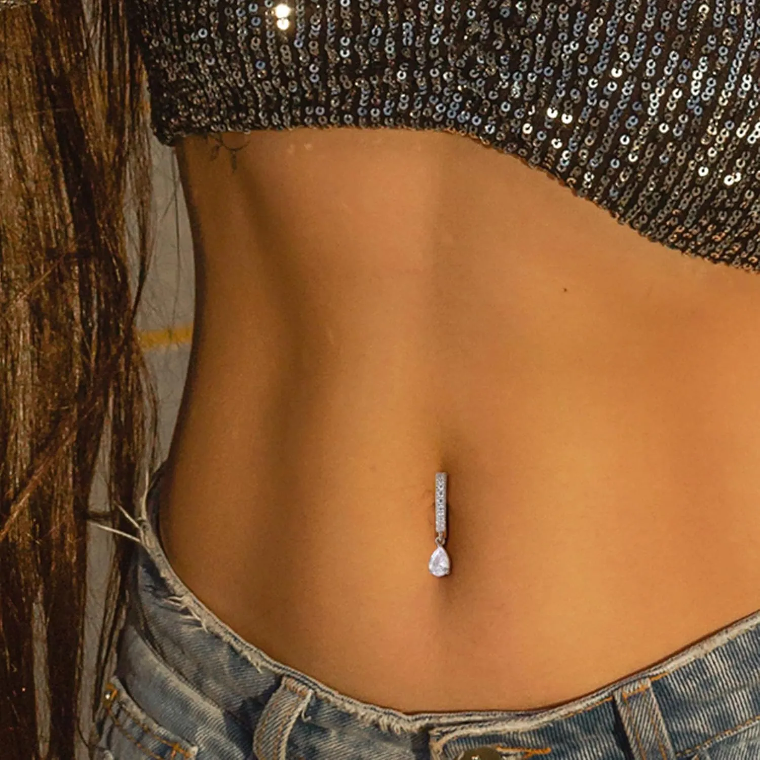 FIBO STEEL 14G Clicker Belly Rings 316L Surgical Steel Dangle Belly Button Ring CZ Teardrop Pendant Navel Rings Barbell Body Piercing Jewelry