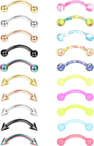 FIBO STEEL 16G 20Pcs Eyebrow Rings Lip Ring Barbell Curved Ring Tragus Daith Rook Earring Acrylic Piercing Jewelry for Women Men