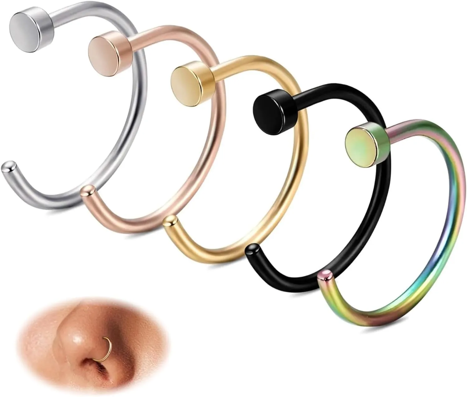 FIBO STEEL 18G-22G 5PCS Stainless Steel Body Jewelry Piercing Nose Ring Hoop for Women