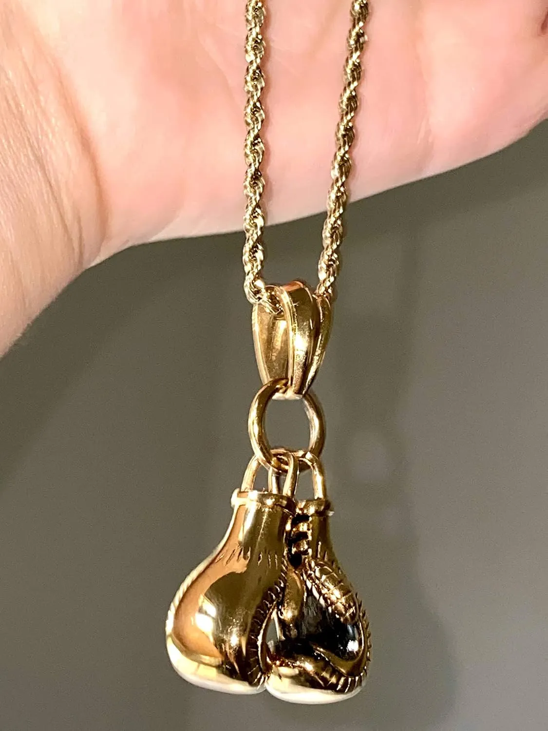 Fighter Boxing Gloves Men Women 14k Gold Finish Pendant Stainless Steel Real 3 mm Rope Chain Necklace, Mens Jewelry, Iced Pendant, Rope Necklace