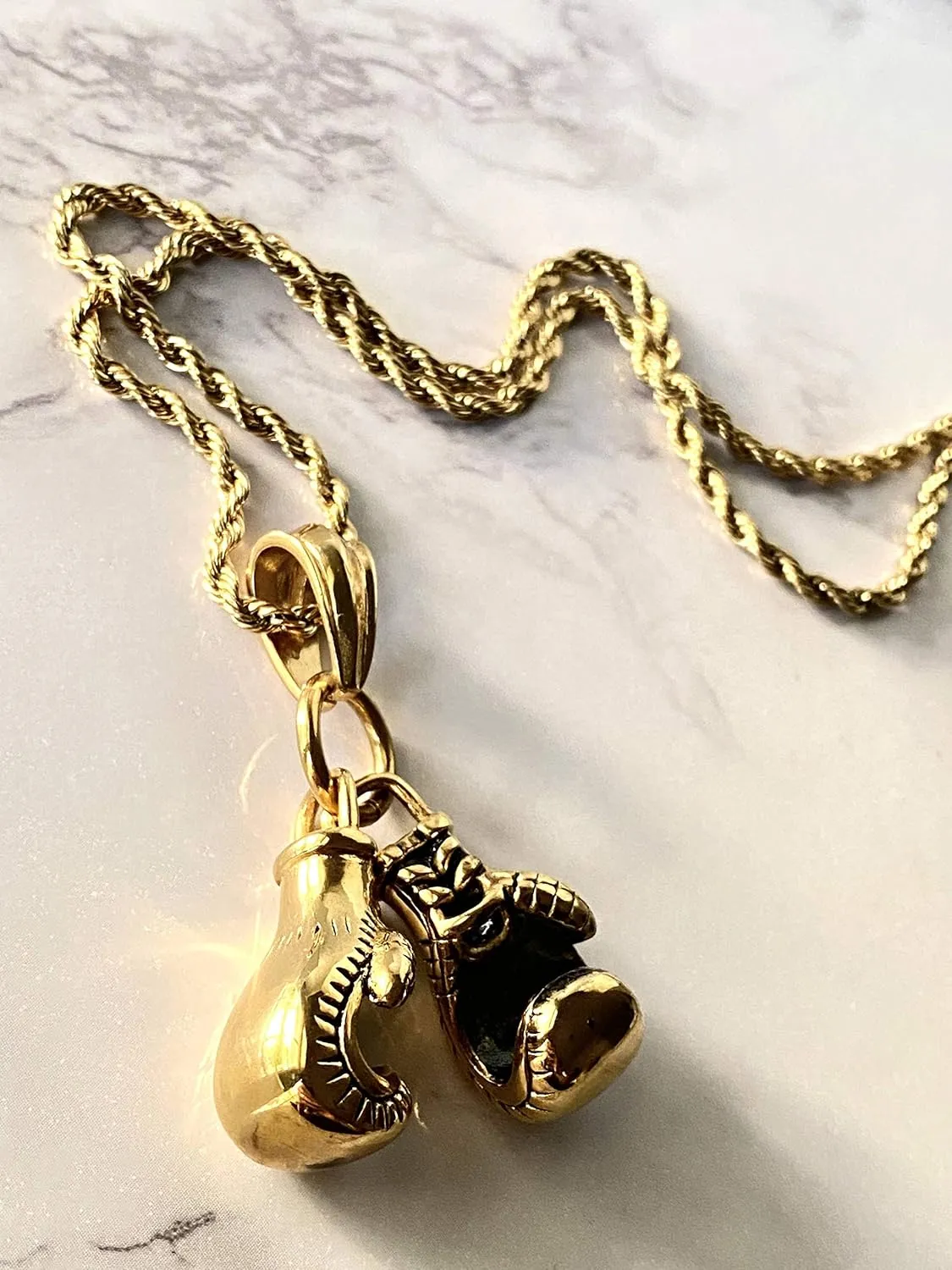 Fighter Boxing Gloves Men Women 14k Gold Finish Pendant Stainless Steel Real 3 mm Rope Chain Necklace, Mens Jewelry, Iced Pendant, Rope Necklace
