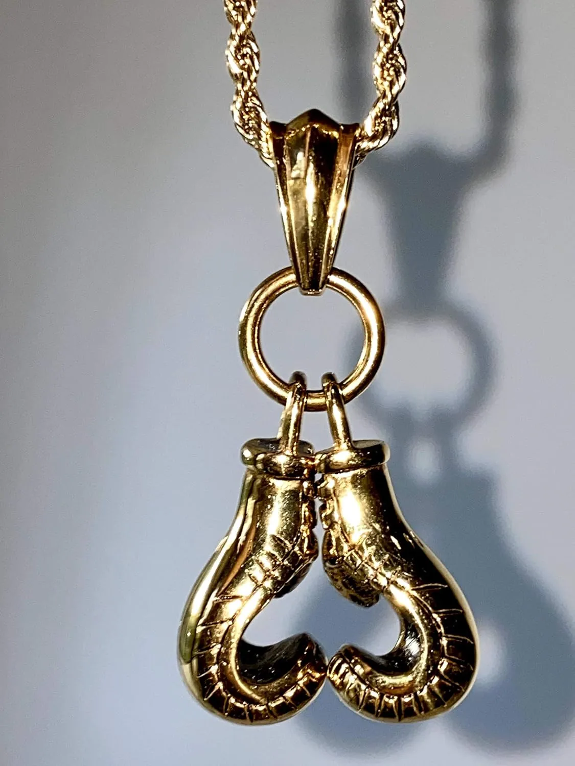 Fighter Boxing Gloves Men Women 14k Gold Finish Pendant Stainless Steel Real 3 mm Rope Chain Necklace, Mens Jewelry, Iced Pendant, Rope Necklace