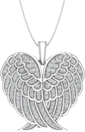 FINEROCK 1/2 ct White Diamond or Black & White Diamond Double Angel Wings Heart Necklace in 925 Sterling Silver