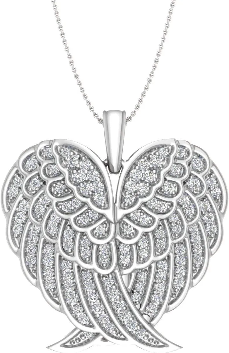 FINEROCK 1/2 ct White Diamond or Black & White Diamond Double Angel Wings Heart Necklace in 925 Sterling Silver
