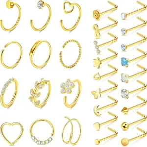 FINREZIO 30Pcs 20G Stainless Steel Nose Rings for Women Men Nose Ring Hoop L Shape Nose Ring Hypoallergenic Nose Piercing Jewelry