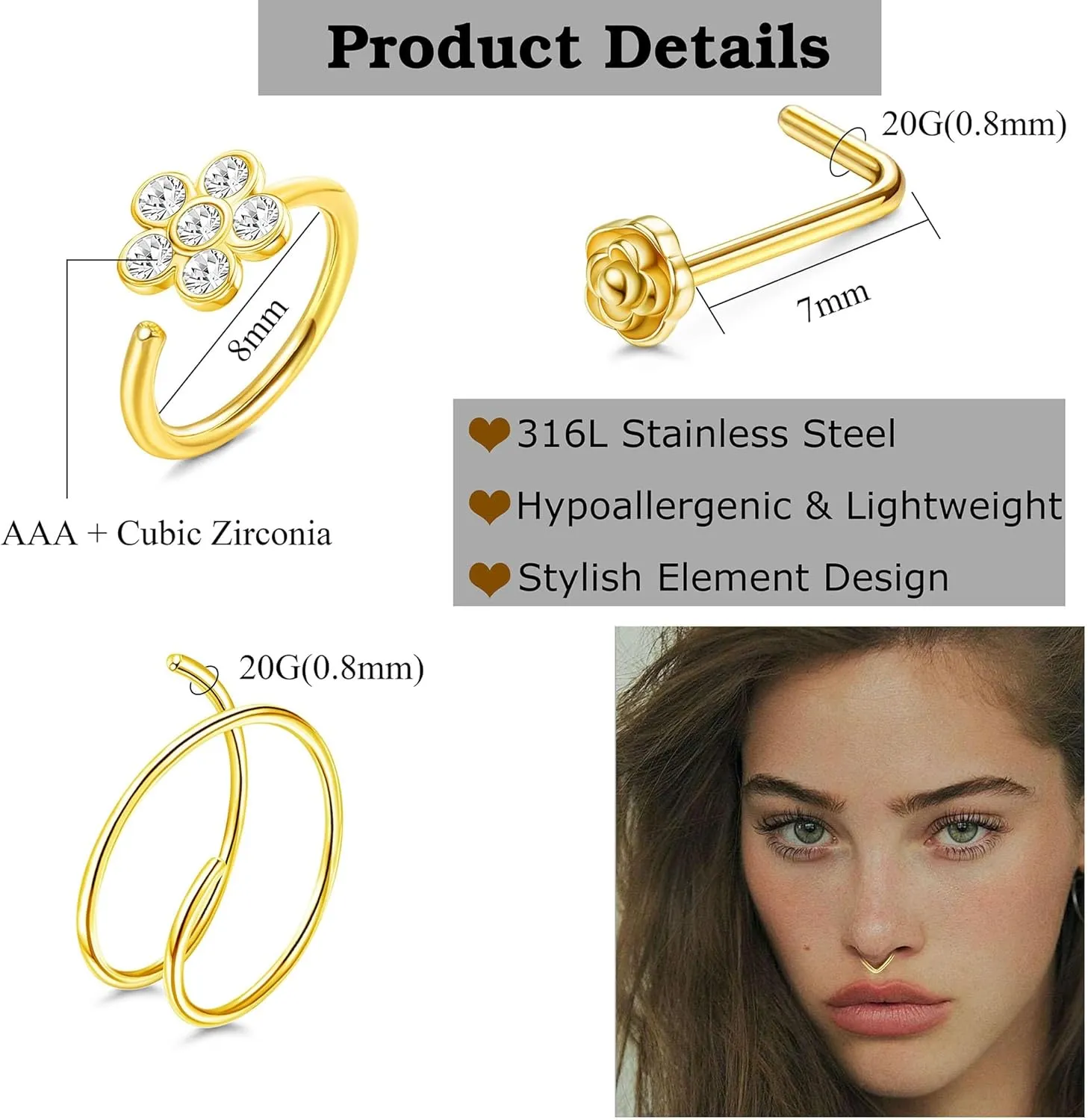 FINREZIO 30Pcs 20G Stainless Steel Nose Rings for Women Men Nose Ring Hoop L Shape Nose Ring Hypoallergenic Nose Piercing Jewelry