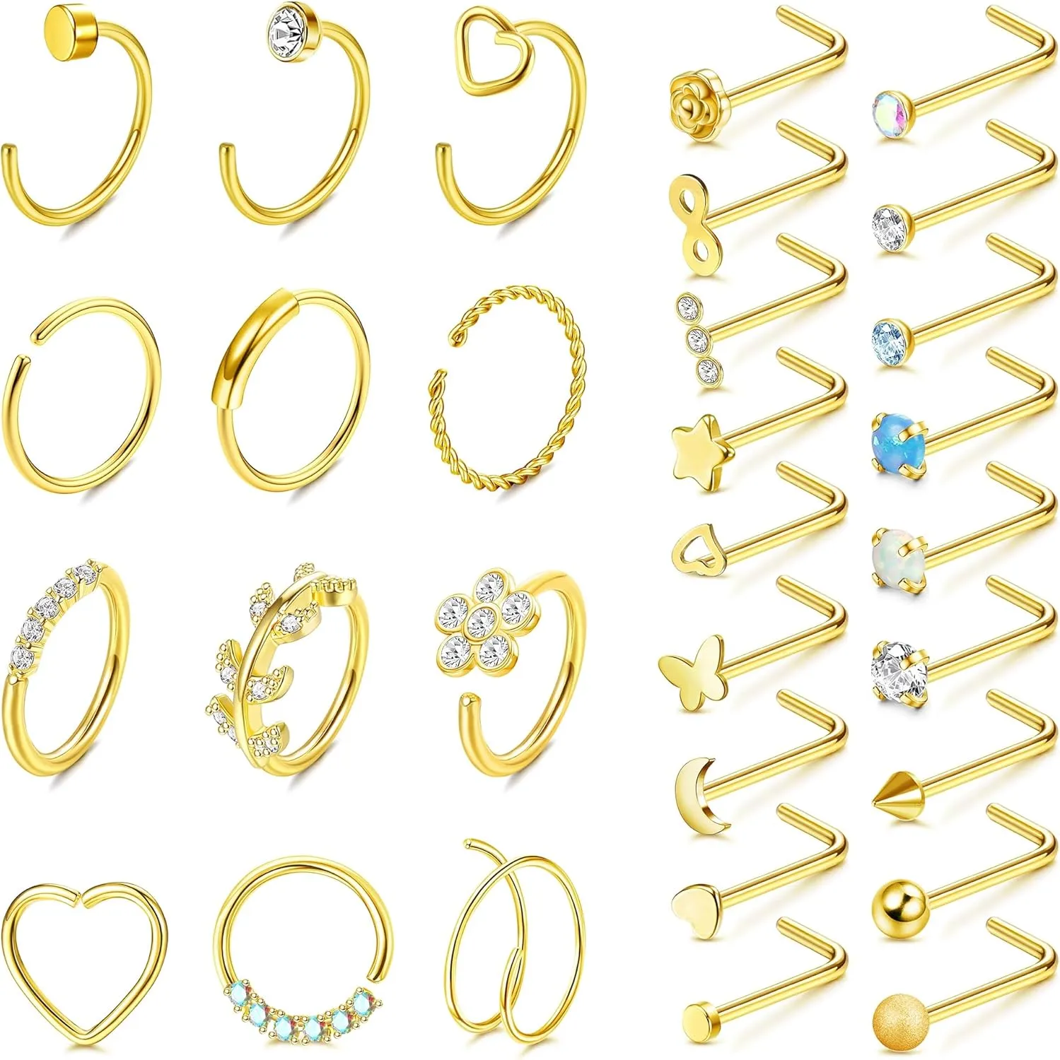 FINREZIO 30Pcs 20G Stainless Steel Nose Rings for Women Men Nose Ring Hoop L Shape Nose Ring Hypoallergenic Nose Piercing Jewelry