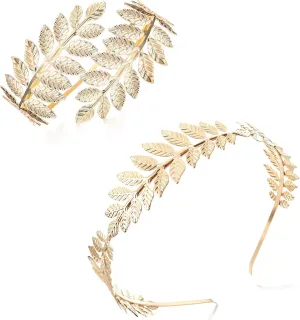 FINREZIO Greek Goddess Headband Arm Cuff Bridal Jewelry Set Roman Laurel Leaf Branch Crown Armlet Upper Arm Band Bracelet Adjustable