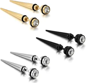 Flongo 6PCS Men's Piercing Screw Stainless Steel Spike Faux Taper Stud Earrings, Valentine Christmas Spike Earrings for Men Women