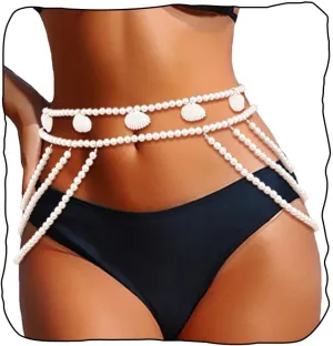 Florry Pearl Waist Chain Layered Waist Body Chains Seashell Belly Chain Beach Rave Party Club Body Accessories Jewelry for Women and Girls