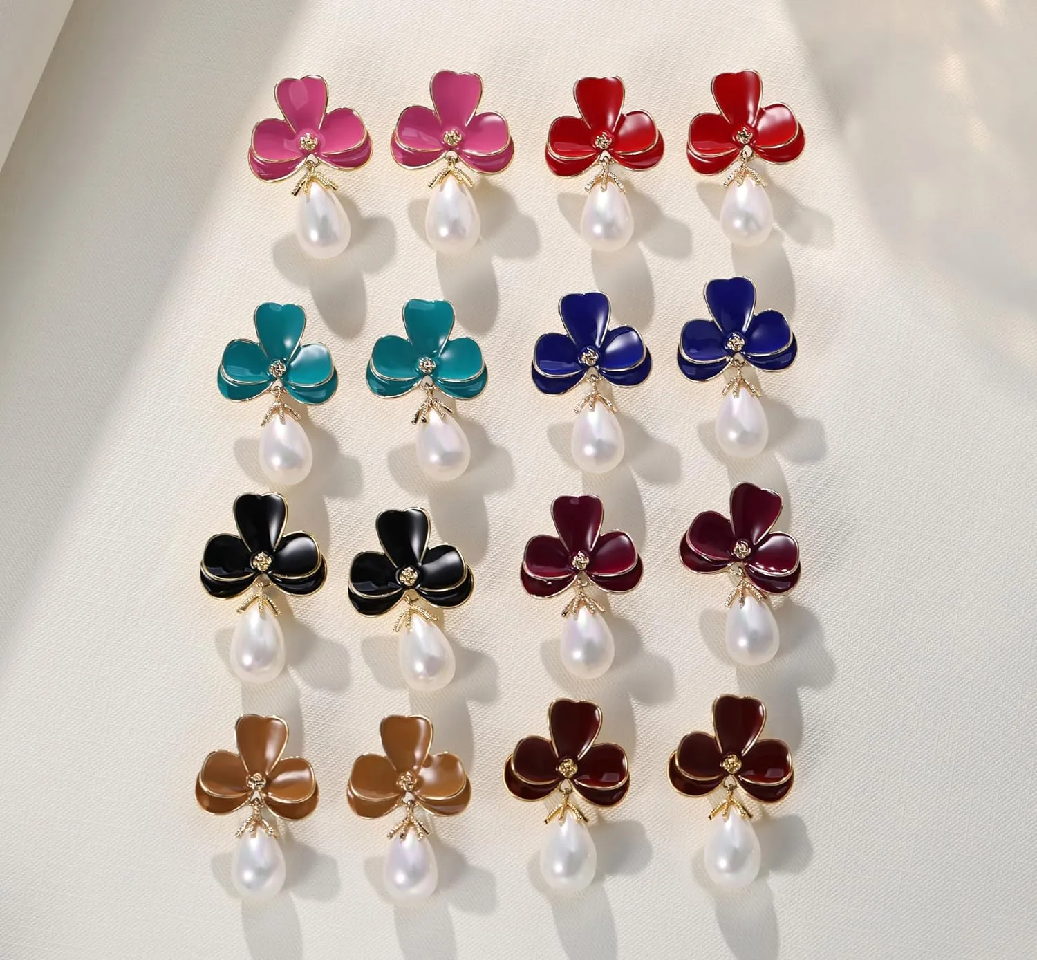 Flower Teardrop Pearl 14K Gold Plated Dangle Earrings for Women | Floral Enamel drop Ball Earrings | Lightweight Hypoallergenic