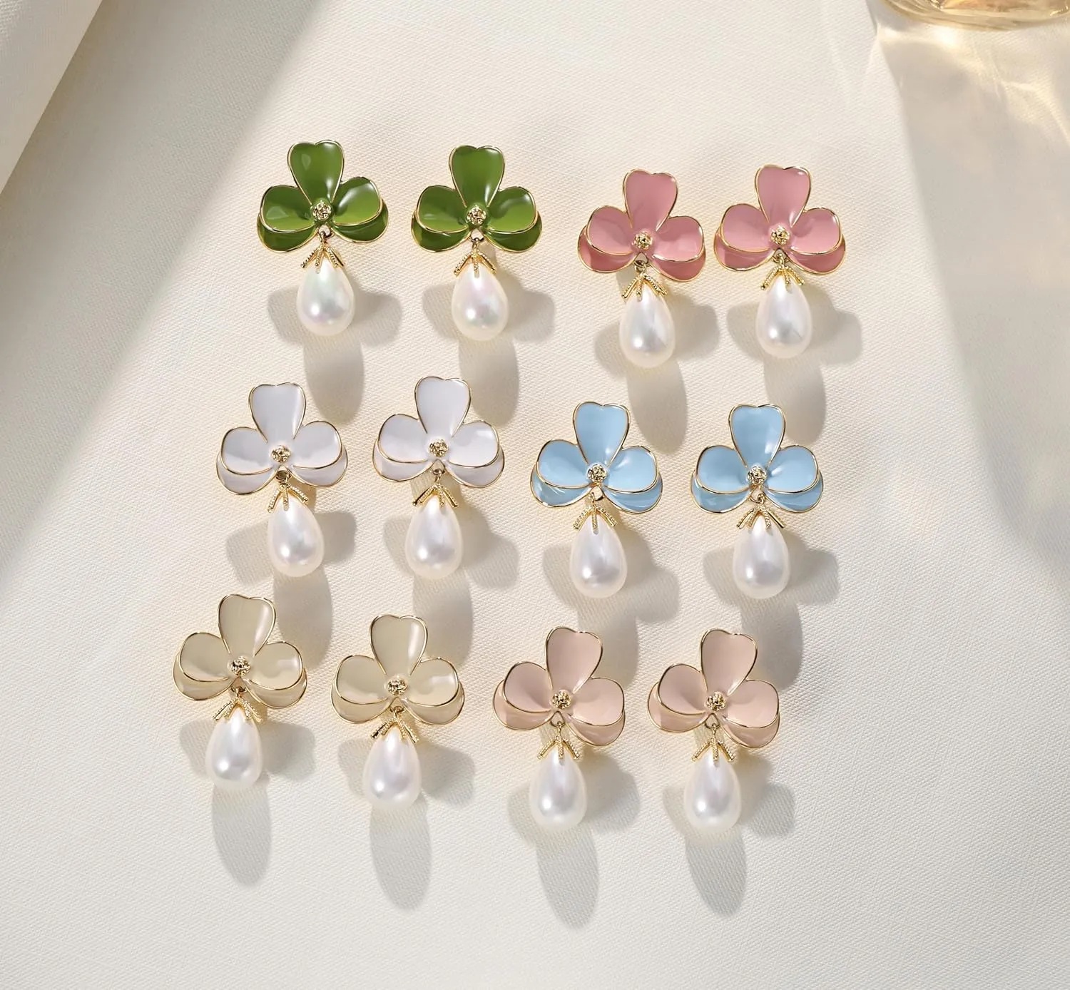 Flower Teardrop Pearl 14K Gold Plated Dangle Earrings for Women | Floral Enamel drop Ball Earrings | Lightweight Hypoallergenic