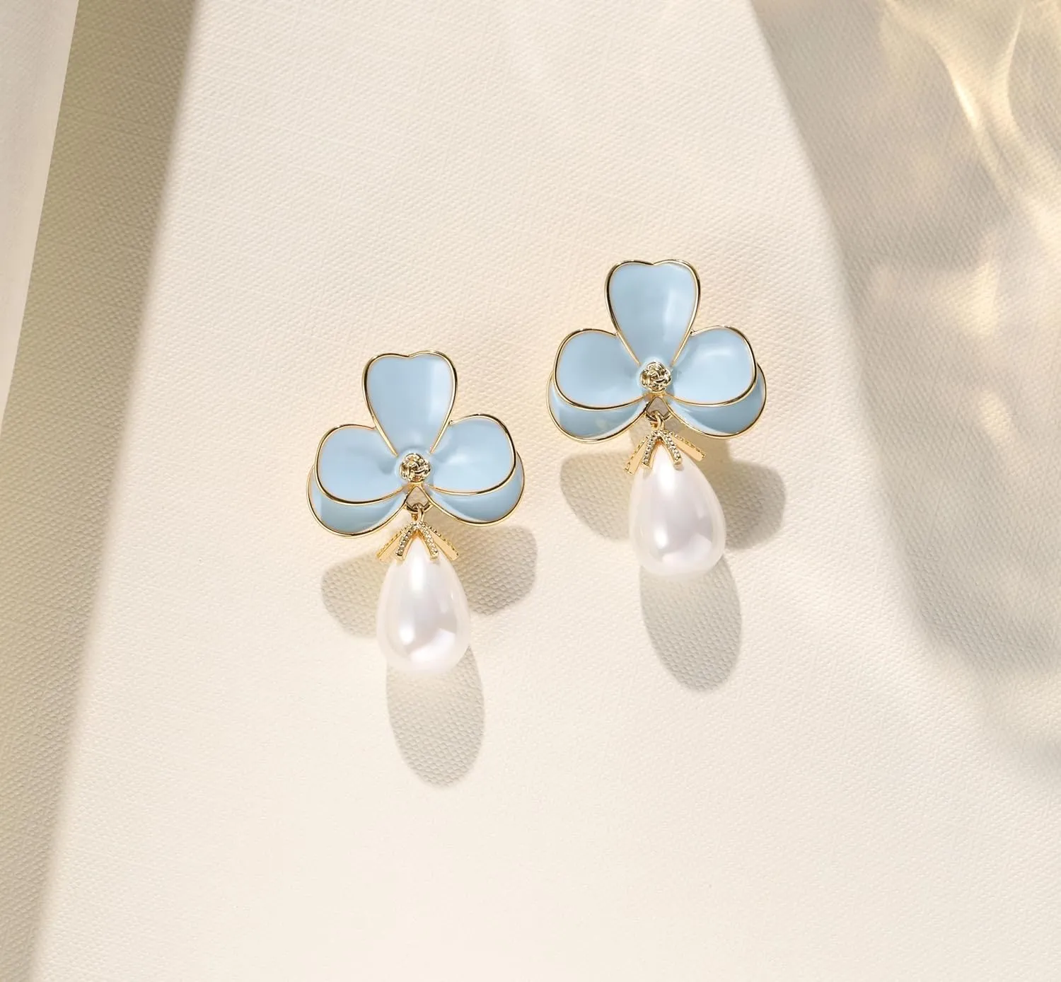 Flower Teardrop Pearl 14K Gold Plated Dangle Earrings for Women | Floral Enamel drop Ball Earrings | Lightweight Hypoallergenic