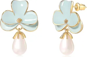 Flower Teardrop Pearl 14K Gold Plated Dangle Earrings for Women | Floral Enamel drop Ball Earrings | Lightweight Hypoallergenic
