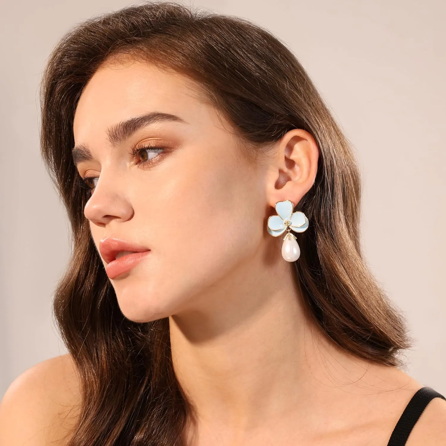 Flower Teardrop Pearl 14K Gold Plated Dangle Earrings for Women | Floral Enamel drop Ball Earrings | Lightweight Hypoallergenic