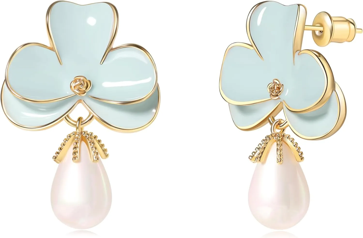 Flower Teardrop Pearl 14K Gold Plated Dangle Earrings for Women | Floral Enamel drop Ball Earrings | Lightweight Hypoallergenic