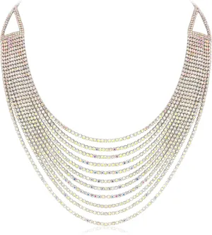 Flyonce Multi Layered Choker Collar Necklace, Glitter Iridescent Rhinestone Crystal Tassel Multi-Strand Fringe Chains Bib Statement Necklace Prom Jewelry for Women Silver-Tone