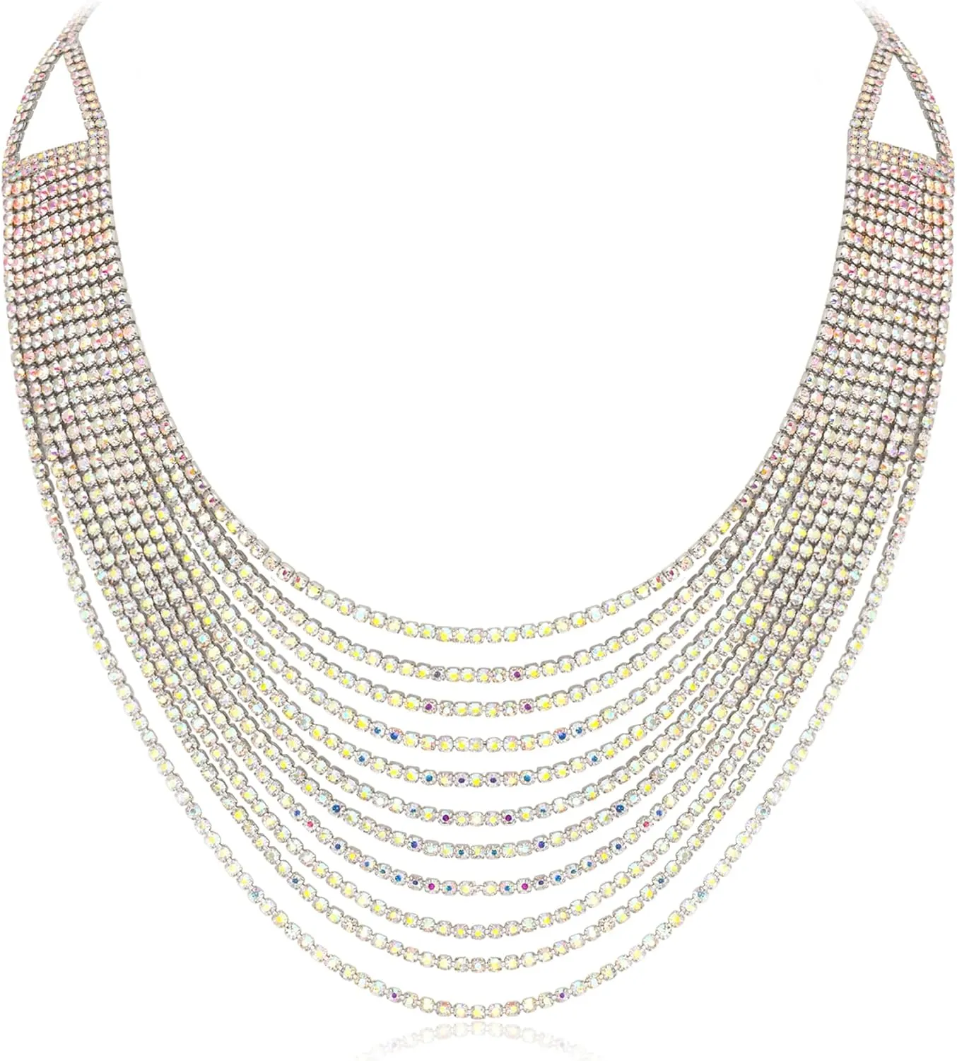 Flyonce Multi Layered Choker Collar Necklace, Glitter Iridescent Rhinestone Crystal Tassel Multi-Strand Fringe Chains Bib Statement Necklace Prom Jewelry for Women Silver-Tone