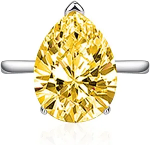 FLYYQMIAO 4 Carat Pear Cut Moissanite Engagement Ring for Women 925 Sterling Silver Teardrop Cubic Zircon Simulated Diamond Wedding Princess Solitaire Bands Bridesmaid Gift Open Ring(Yellow)