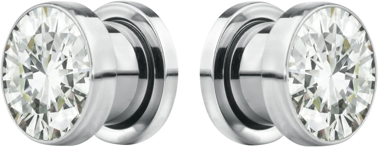 Forbidden Body Jewelry 8G-7/8 Surgical Steel Screw Fit CZ Center Tunnel Plug Earrings (Sold as Pair)