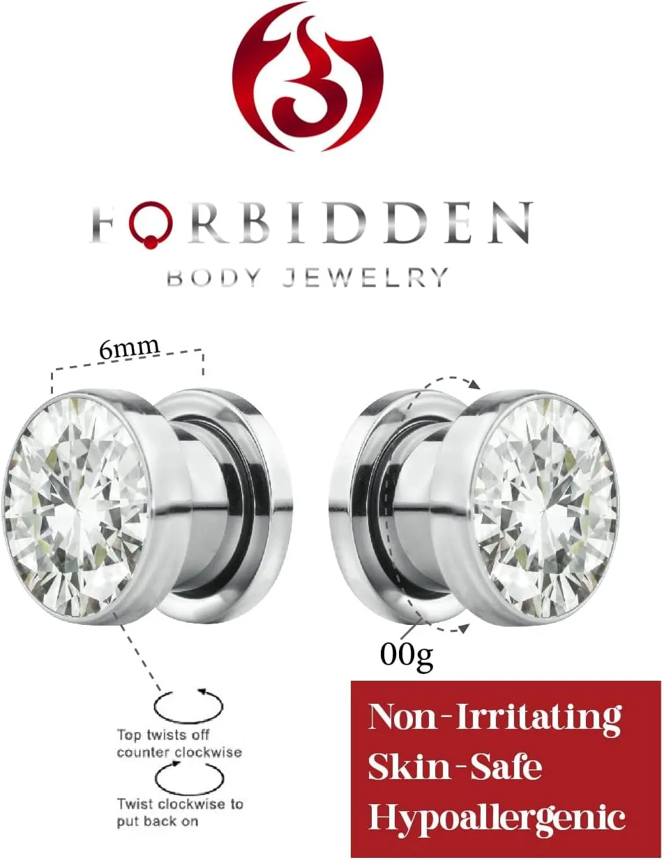 Forbidden Body Jewelry 8G-7/8 Surgical Steel Screw Fit CZ Center Tunnel Plug Earrings (Sold as Pair)