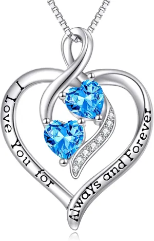 Forever Love Heart Birthstone Necklaces for Women 925 Sterling Silver Women Pendant Necklace, Mothers Day Birthday Anniversary Jewelry Gift for Woman Mother Mom Wife Her