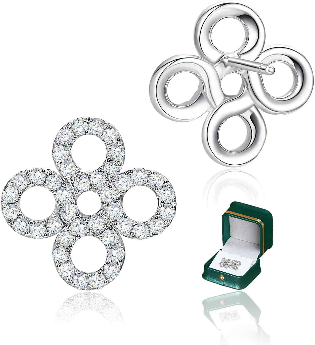 Four Leaf Clover and Infinity Love Knot Moissanite Stud Earrings for Women, D Color VVS1 Round Cut, Hypoallergenic S925 Sterling Silver with 18K White Gold Plating