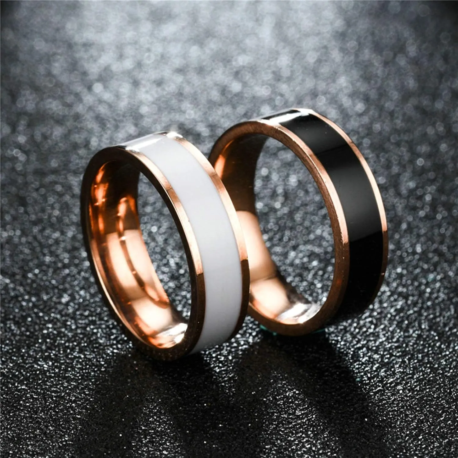 Friends Matching Rings, Couple Wedding Rings Set Stainless Steel Black White Line Shape Rose Gold White&Rose Gold Black Rings Valentine's Jewelry Size 6-12
