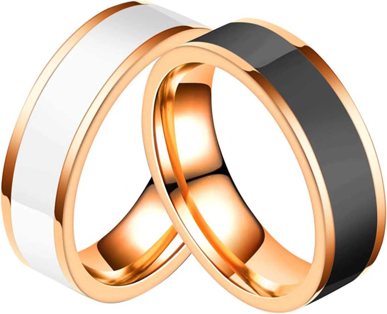 Friends Matching Rings, Couple Wedding Rings Set Stainless Steel Black White Line Shape Rose Gold White&Rose Gold Black Rings Valentine's Jewelry Size 6-12