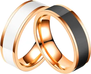 Friends Matching Rings, Couple Wedding Rings Set Stainless Steel Black White Line Shape Rose Gold White&Rose Gold Black Rings Valentine's Jewelry Size 6-12