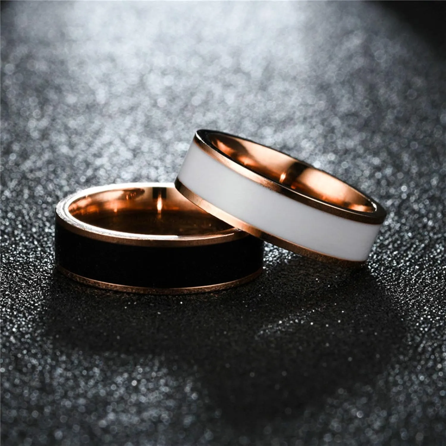 Friends Matching Rings, Couple Wedding Rings Set Stainless Steel Black White Line Shape Rose Gold White&Rose Gold Black Rings Valentine's Jewelry Size 6-12