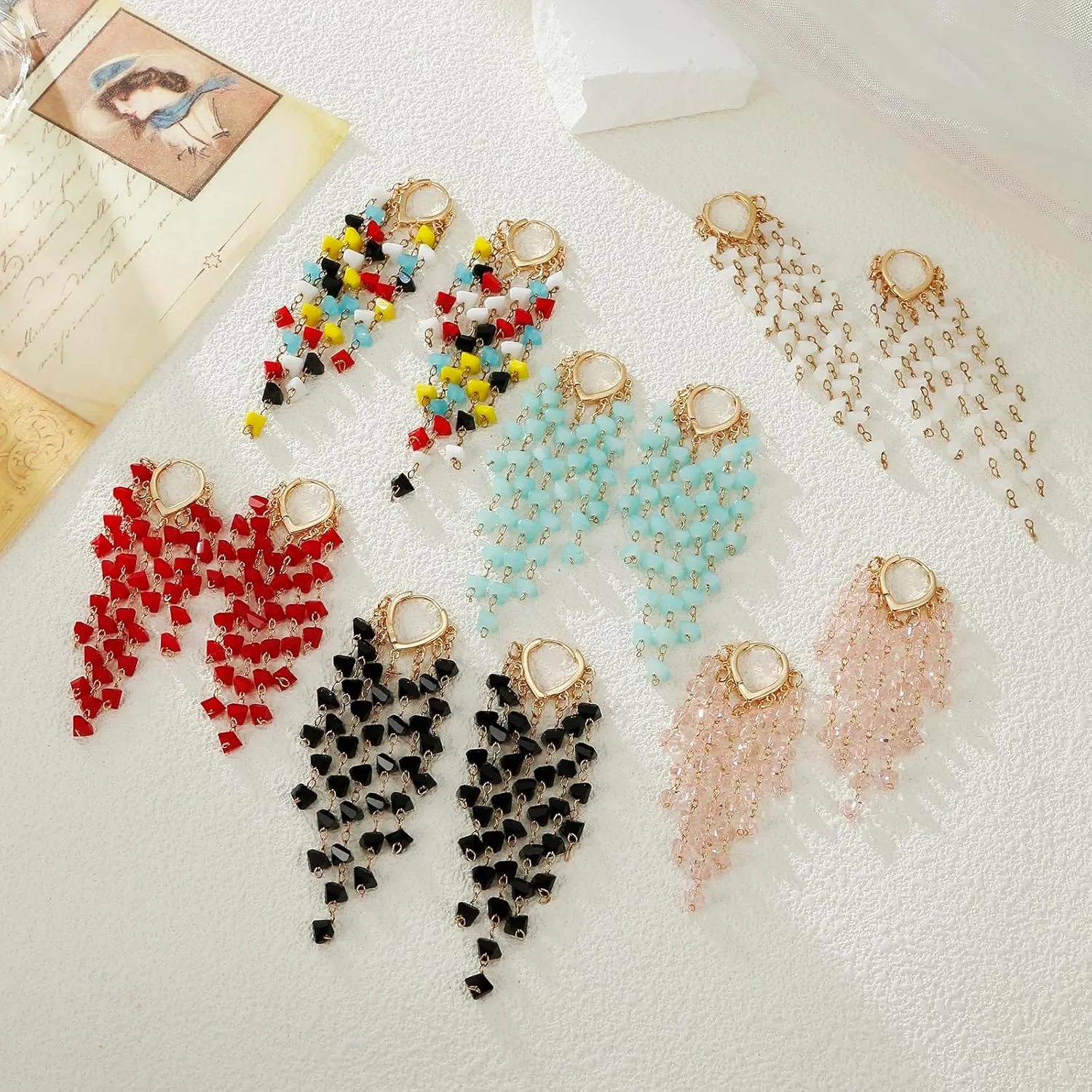 Fringe Hoop Dangle Earrings, Long Beads Tassel Chain Earrings for Women Sparkly Chandelier Earrings