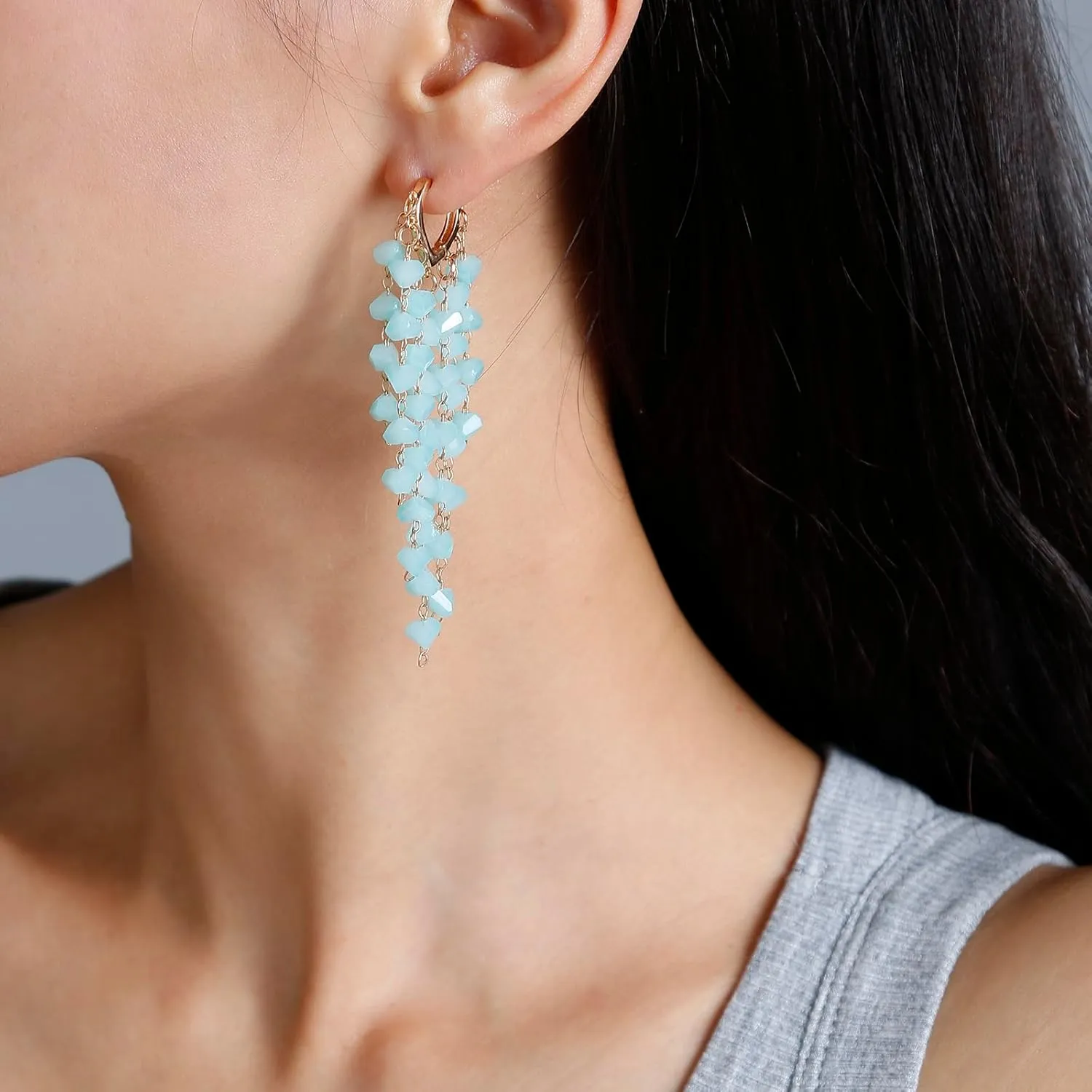 Fringe Hoop Dangle Earrings, Long Beads Tassel Chain Earrings for Women Sparkly Chandelier Earrings