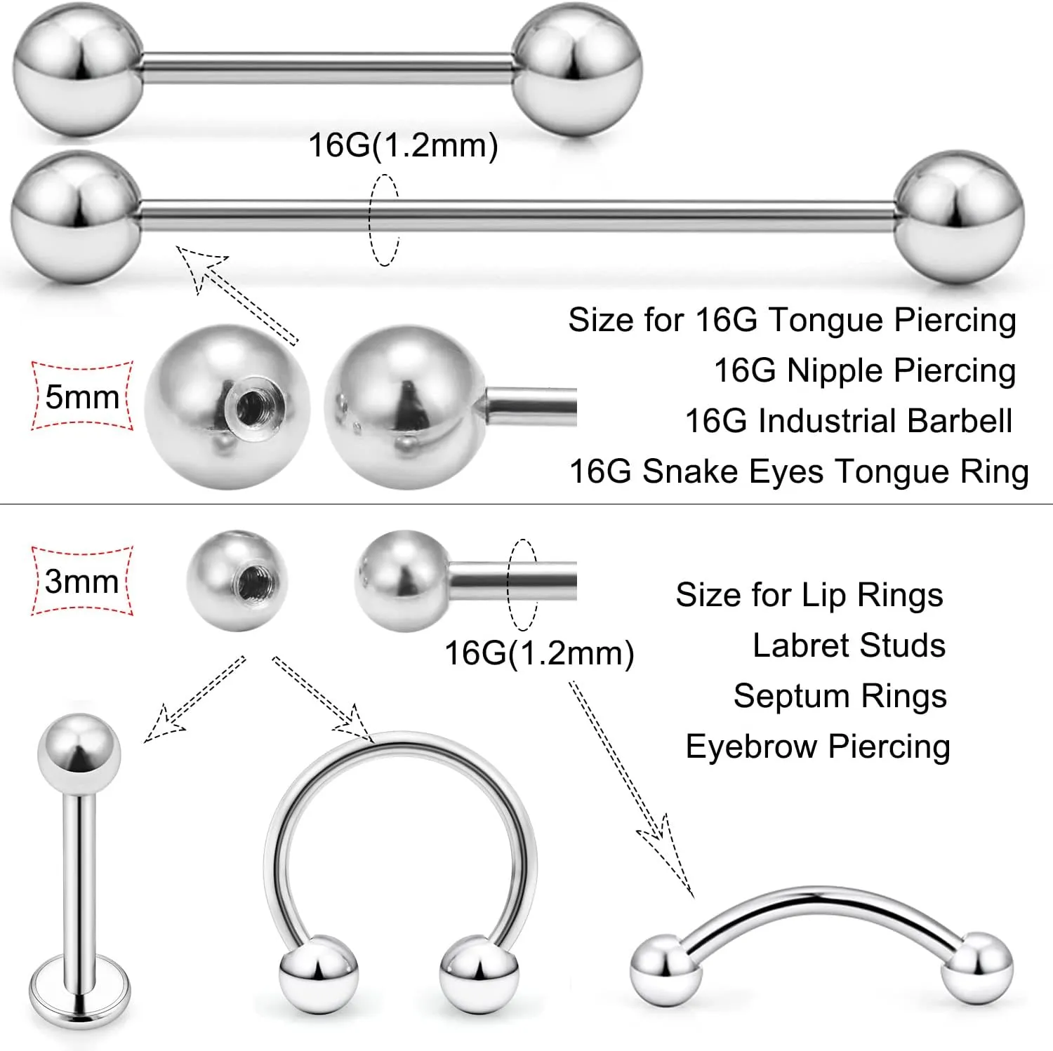 Ftovosyo 60PCS 16G Surgical Steel & Plastic Glow in The Dark Replacement Balls Body Jewelry Piercing Externally Threaded Barbell Parts