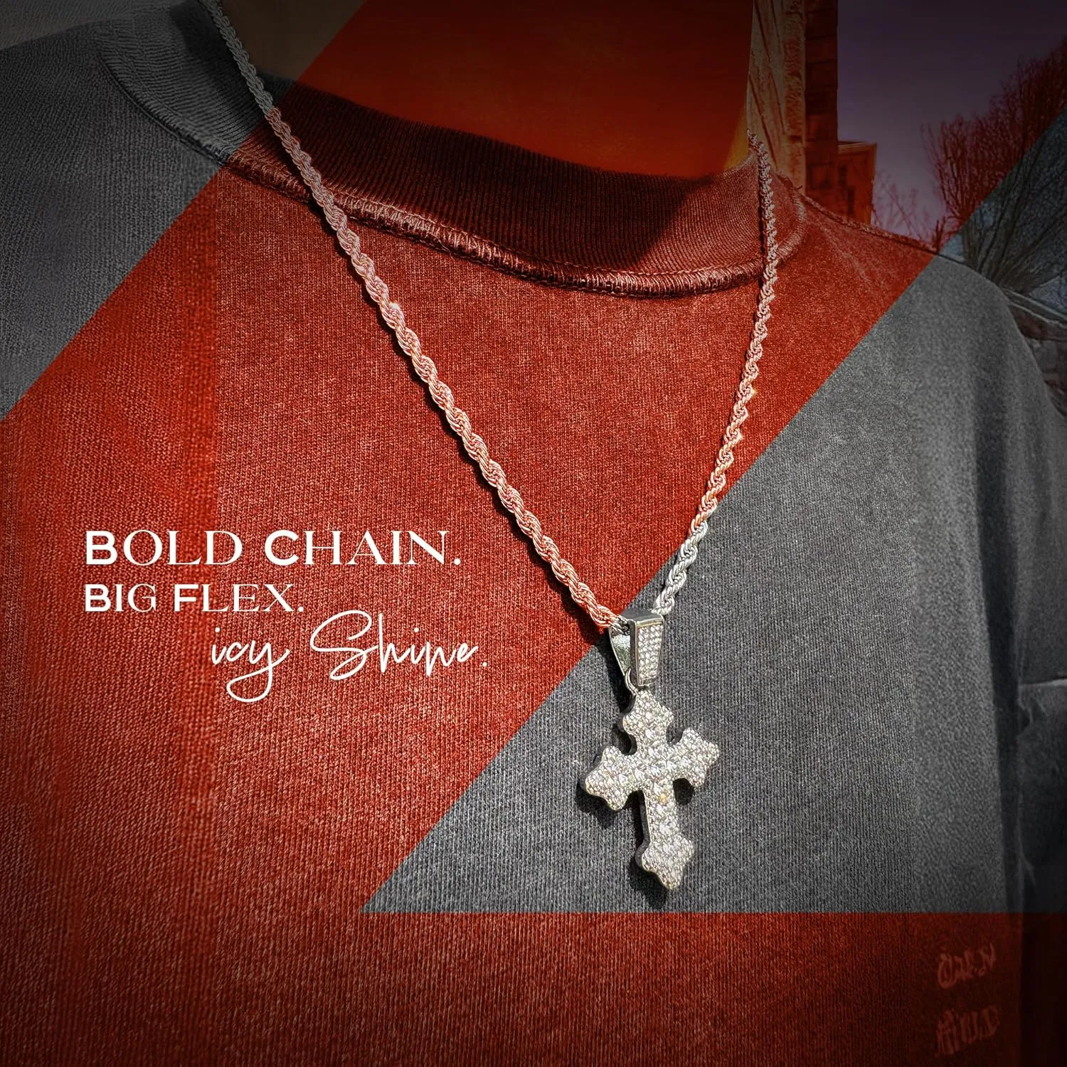Full Iced Bling Out Religious Jesus Cross Pendant Charm 24" Twisted Rope Chain Set, Men/Women, CZ Crystal Diamonds White Gold Plated Rhodium Finish Watch Gift Set
