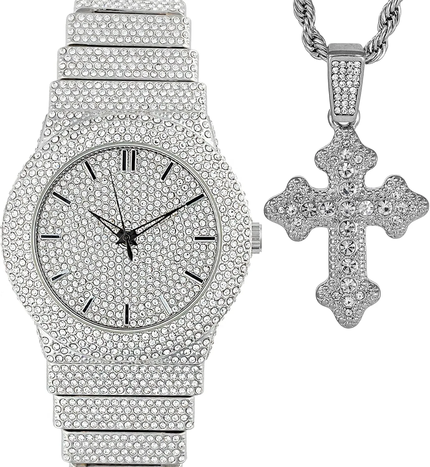 Full Iced Bling Out Religious Jesus Cross Pendant Charm 24" Twisted Rope Chain Set, Men/Women, CZ Crystal Diamonds White Gold Plated Rhodium Finish Watch Gift Set