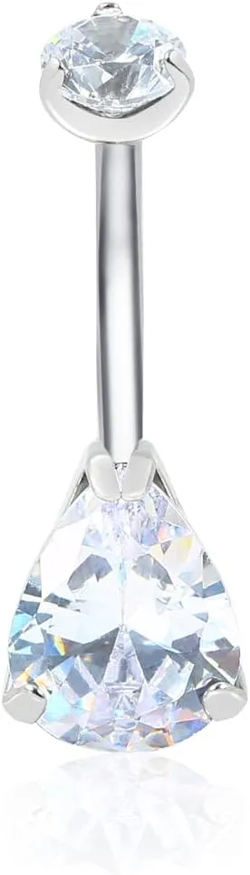 G23 Pure Titanium Round and Teardrop Shaped CZ Internally Threaded Belly Button Rings Petite Navel Ring for Women Body Piercing Jewelry 14G ASTM F136 White/Blue/Pink/Colorful Cubic Zirconia Belly Rings 10mm Belly Bars