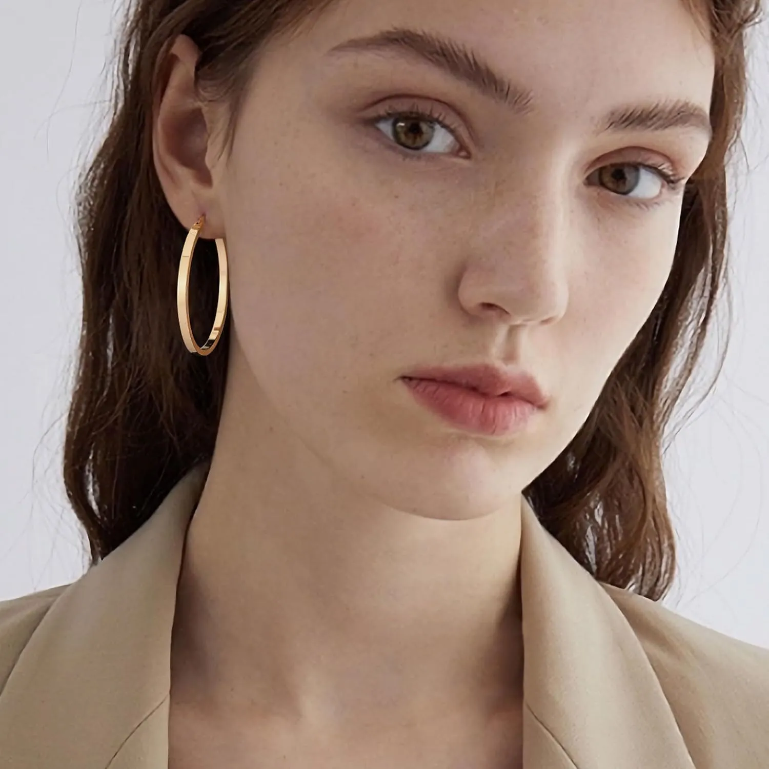 Gacimy Flatted Gold Hoop Earrings for Women 14K Real Gold Plated with 925 Sterling Silver Post