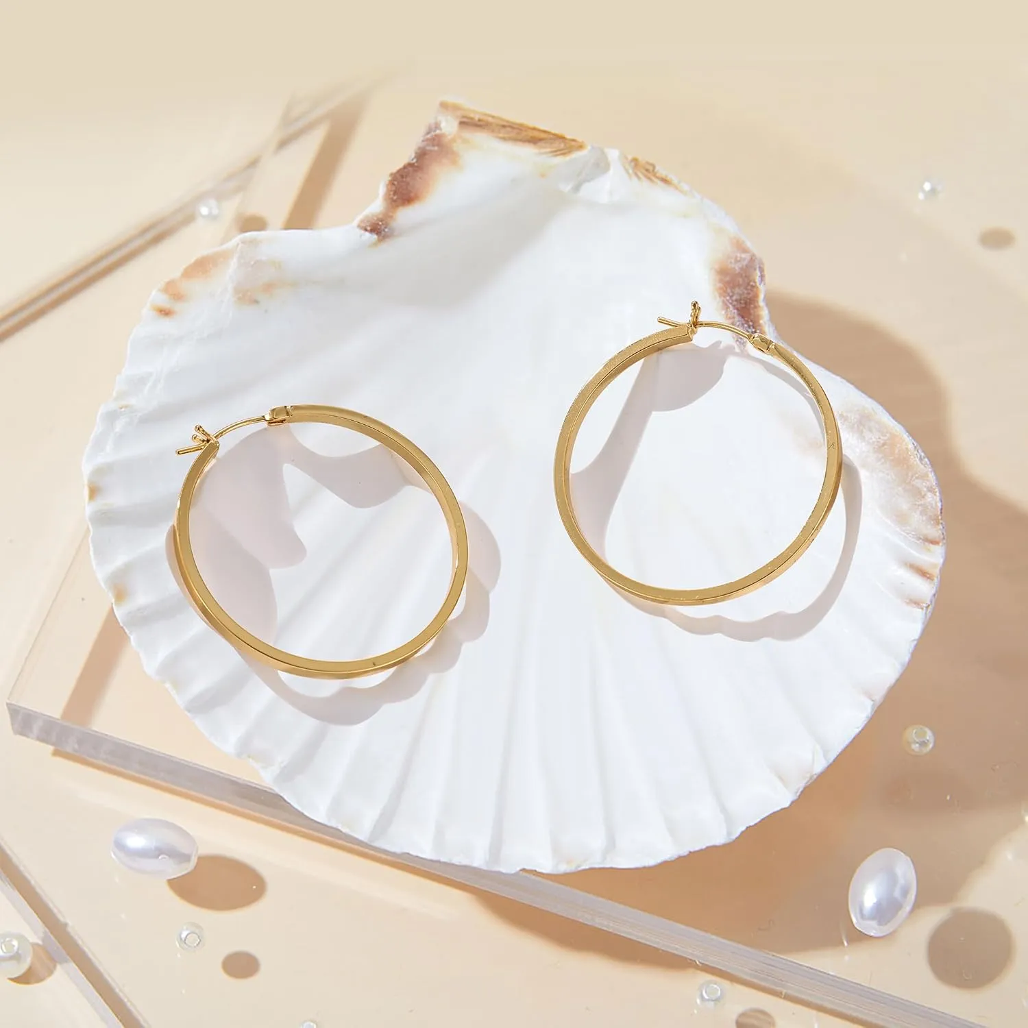 Gacimy Flatted Gold Hoop Earrings for Women 14K Real Gold Plated with 925 Sterling Silver Post